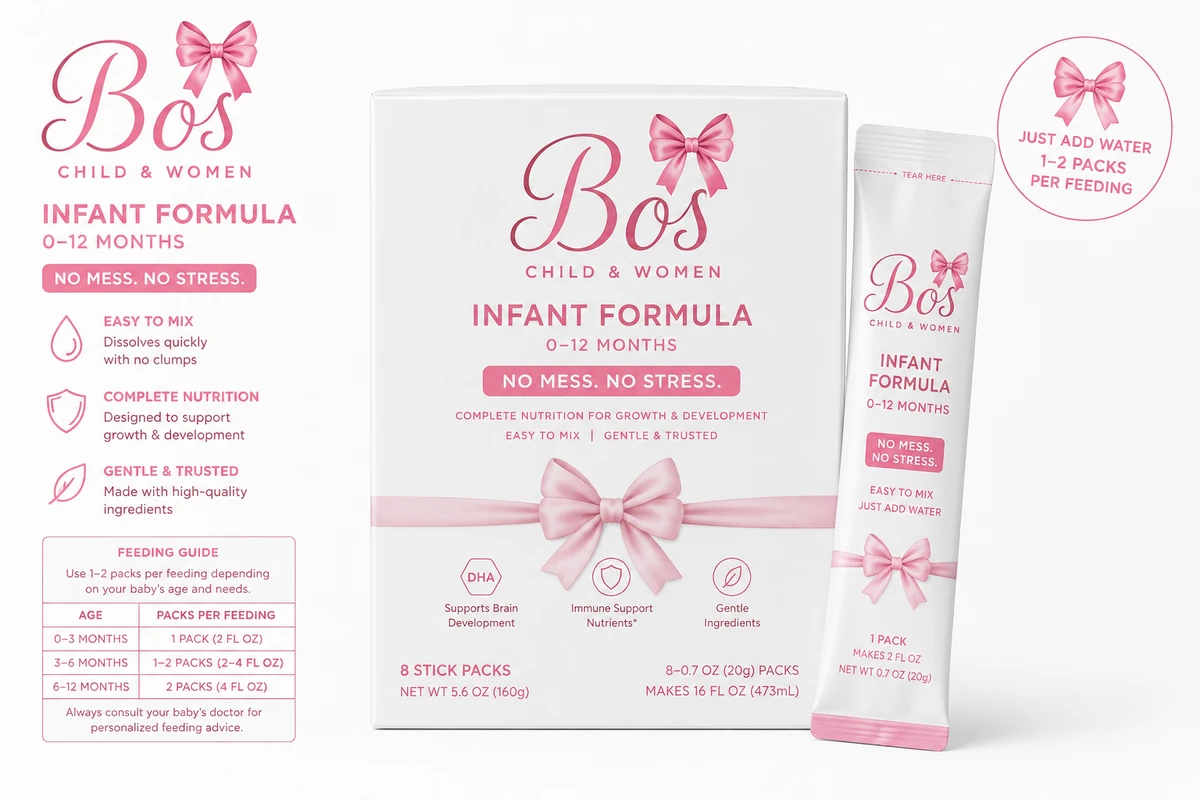 Bo's Infant Formula box of 8 stick packs alongside a single stick pack, pink and white packaging with bow logo